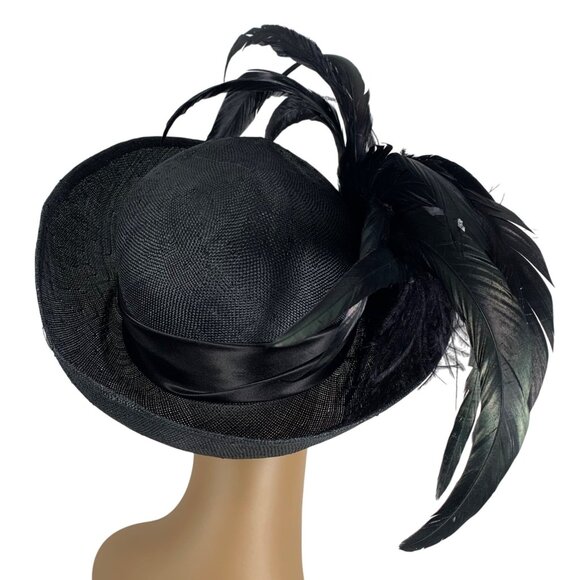 VTG Mr Charles Black Straw Hat w/ Elegant Feather Accent Satin Band Fancy Derby - Picture 4 of 6